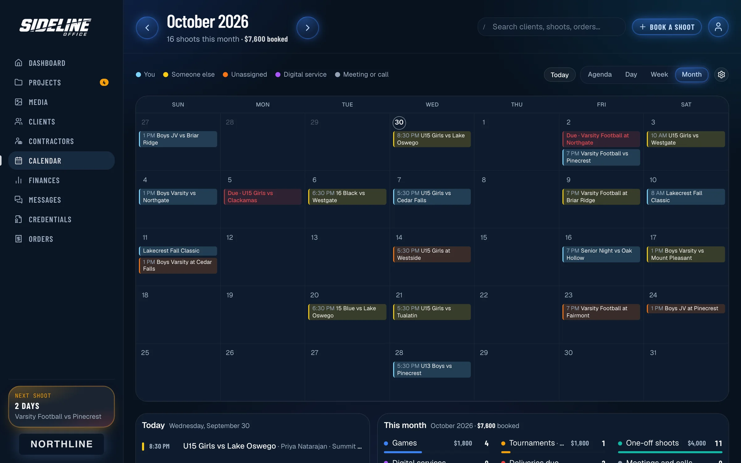 Month calendar for October 2026 with games for four clubs, color-coded by who is covering each one, and the month’s totals below.