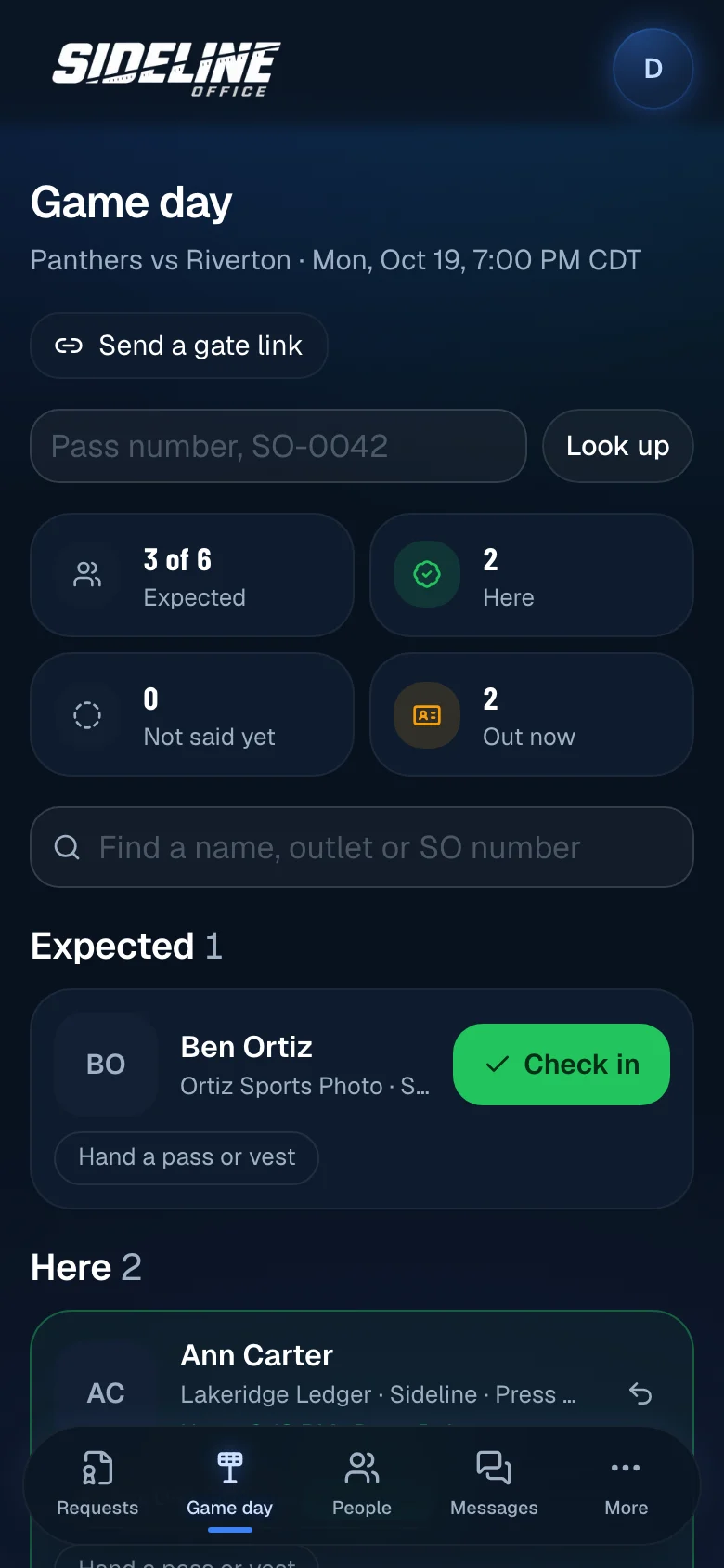 Game day on a phone: tonight’s game, how many media are expected against the sideline limit, who is here, the numbered passes out, and a Check in button beside each name.