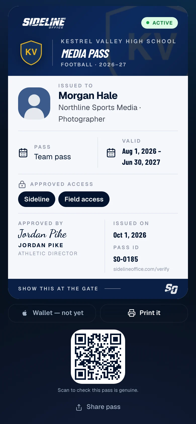 A media pass on a phone with the photographer’s headshot, the school, the access level, the dates it is valid and a QR code.