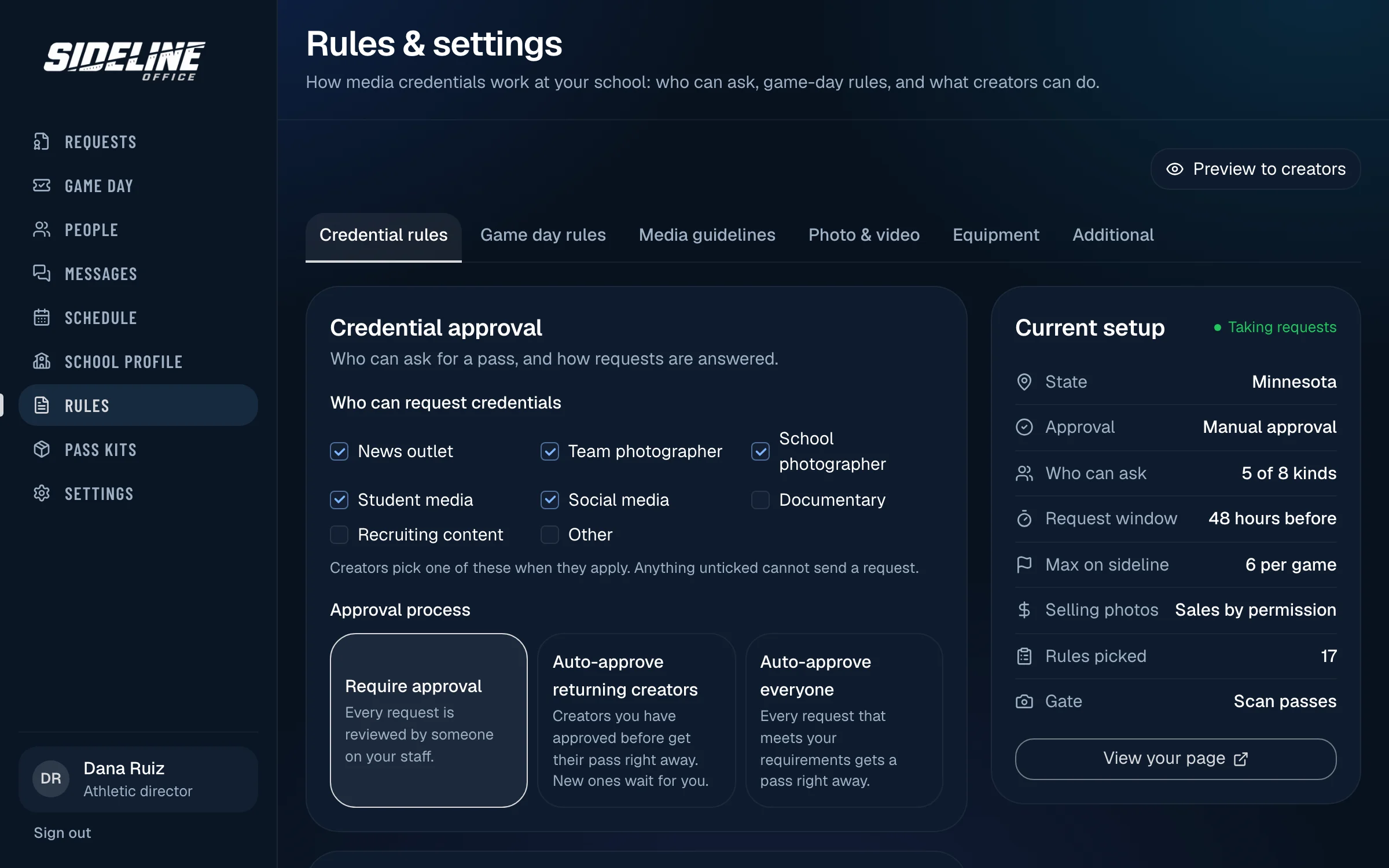 Rules and settings for a school’s media credentials: who can request a pass, how requests are approved, and a summary of the request window, sideline limit and photo sales policy.