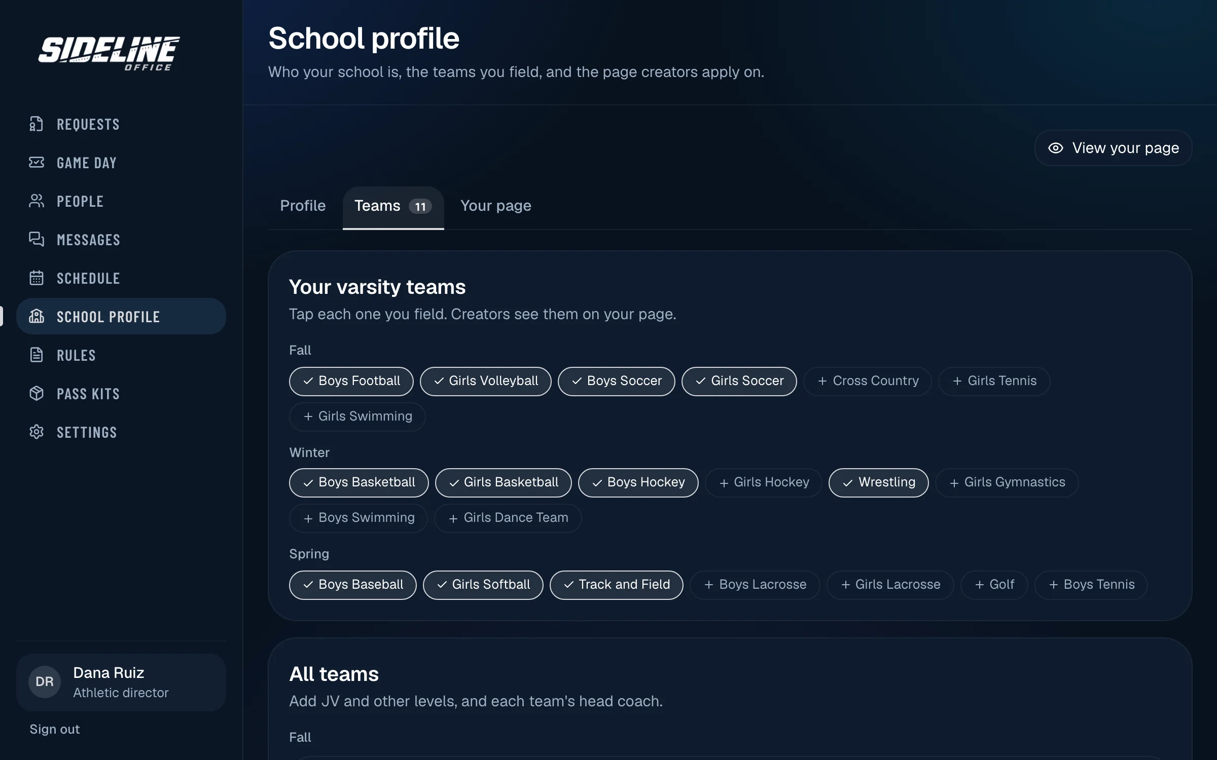 A school profile listing its varsity teams by season, with the teams the school fields checked.
