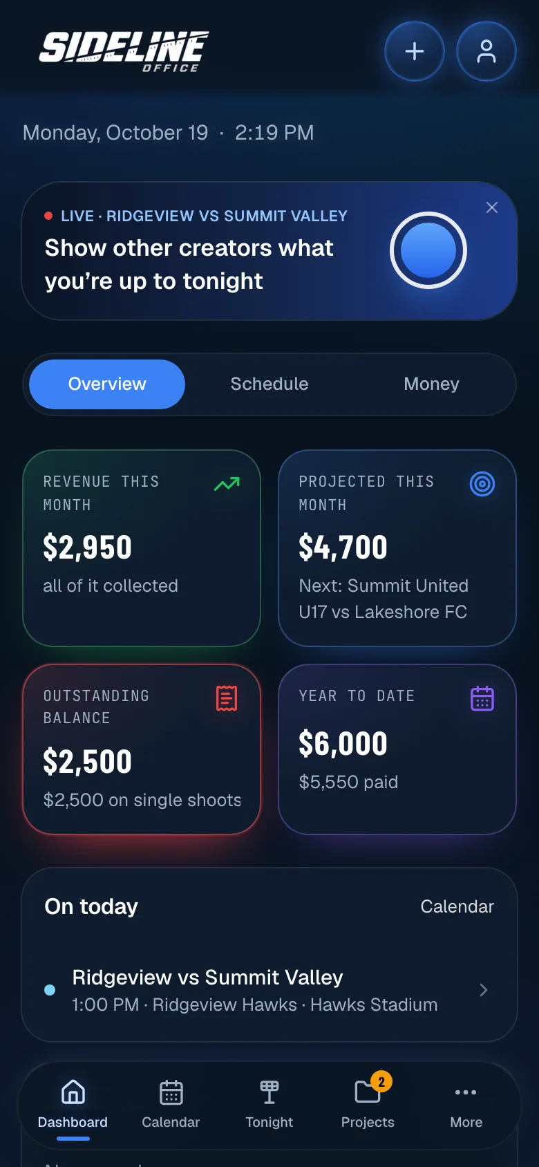 The same dashboard on a phone, with a prompt to post from the game on now, Overview, Schedule and Money tabs, and this month’s revenue.