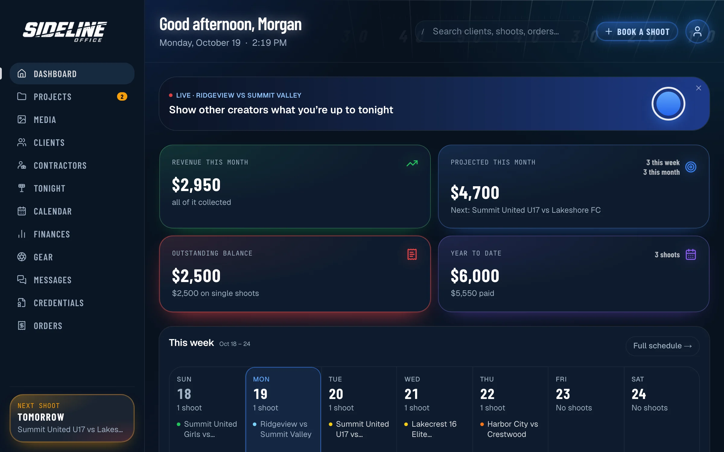 Dashboard showing revenue this month, projected and outstanding balances, this week’s shoots by day, active projects and tasks.