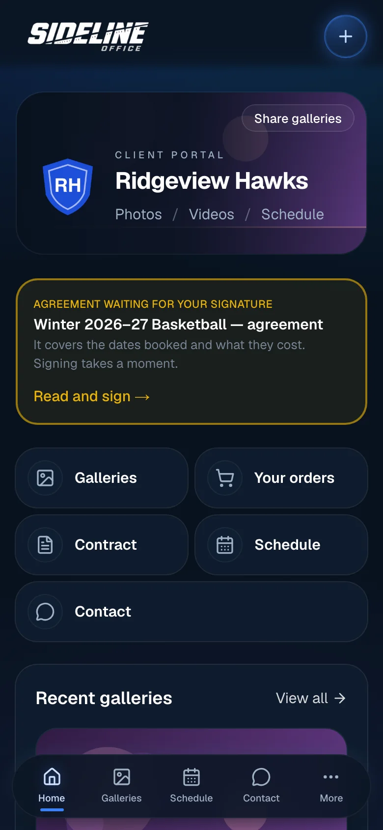 The same club portal on a phone, with the contract banner and buttons for galleries, contract, schedule and contact.