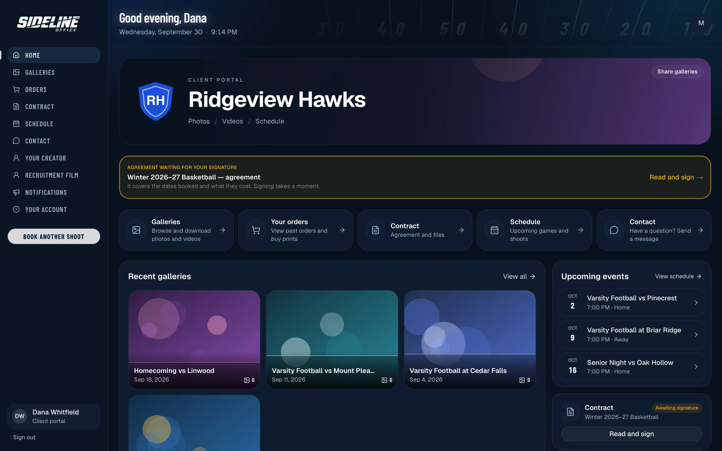 A club’s portal home page with its crest, a contract waiting for signature, recent galleries and upcoming games.