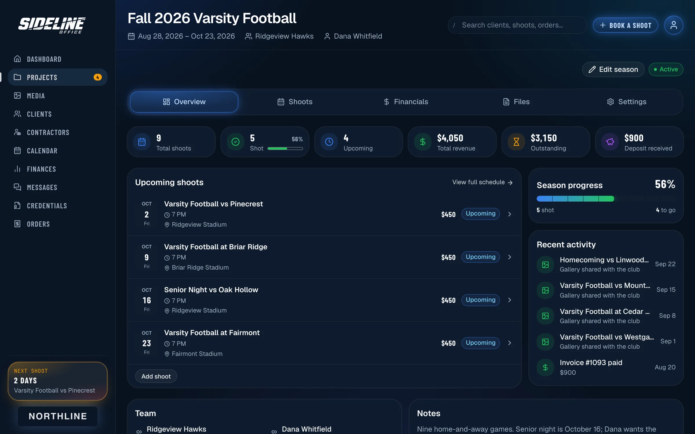Season page for a high school football season listing nine games, the fee per game, the deposit received and the balance still owed.