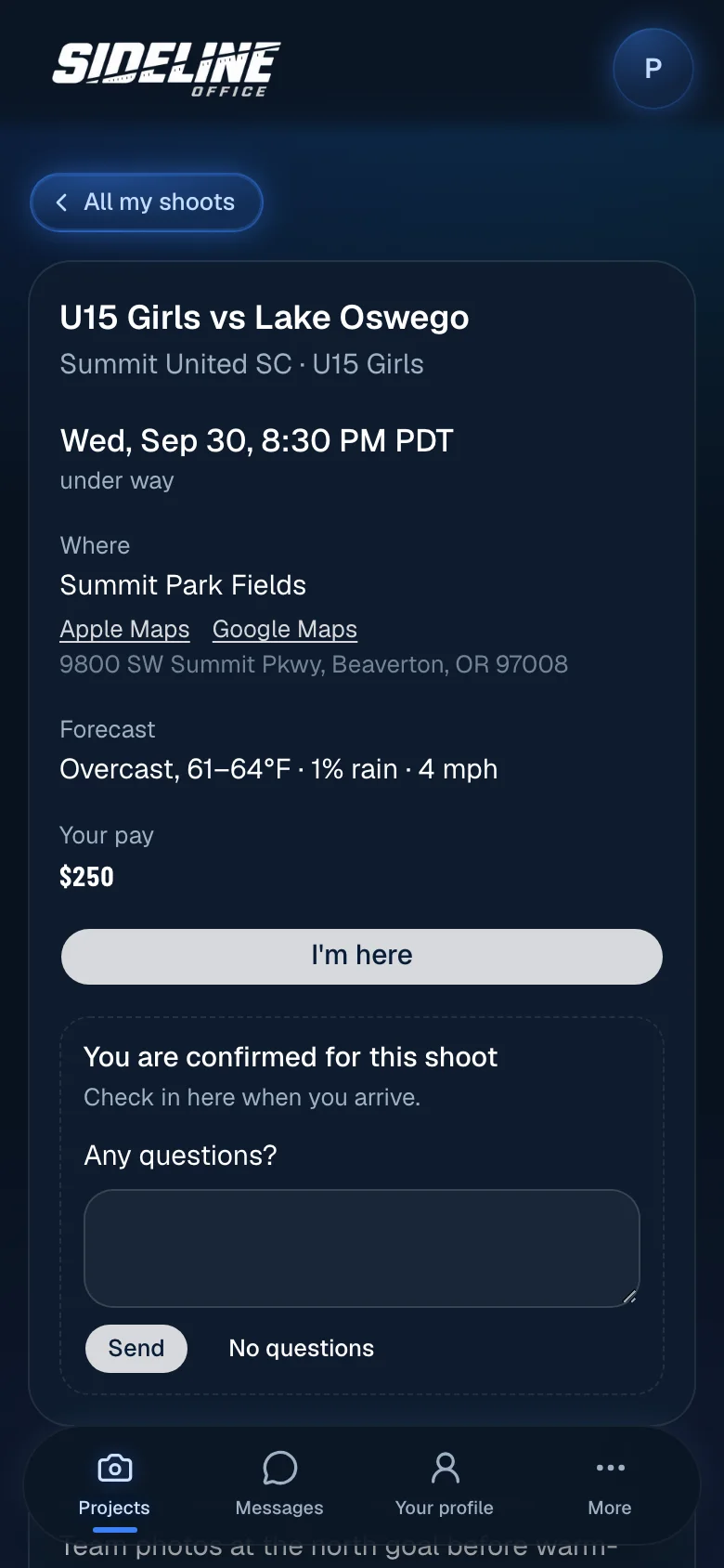A contractor’s shoot page on a phone with the game, time, venue, forecast, pay and an I’m here check-in button.