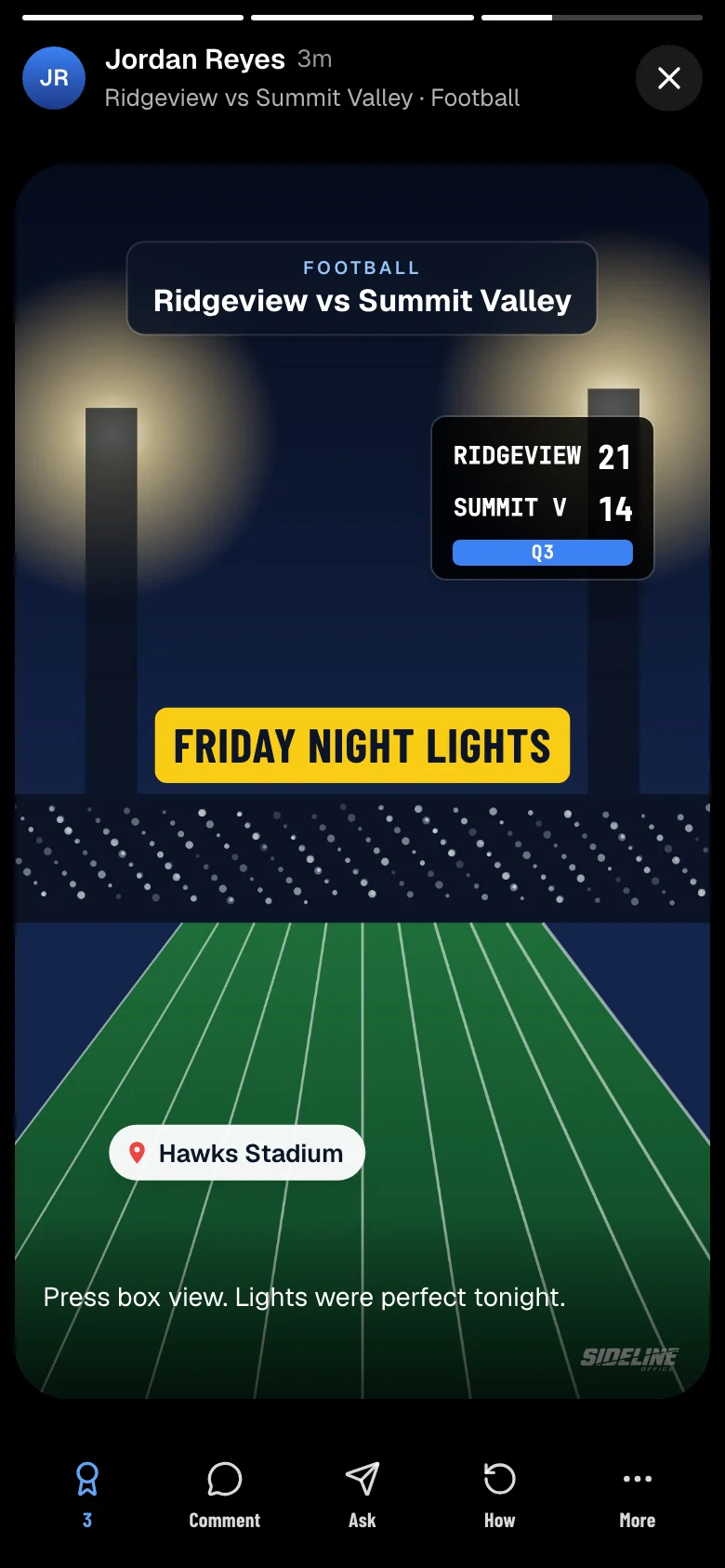 A post from a football game under the lights, with the game, the score in the third quarter, a caption and the stadium as stickers.
