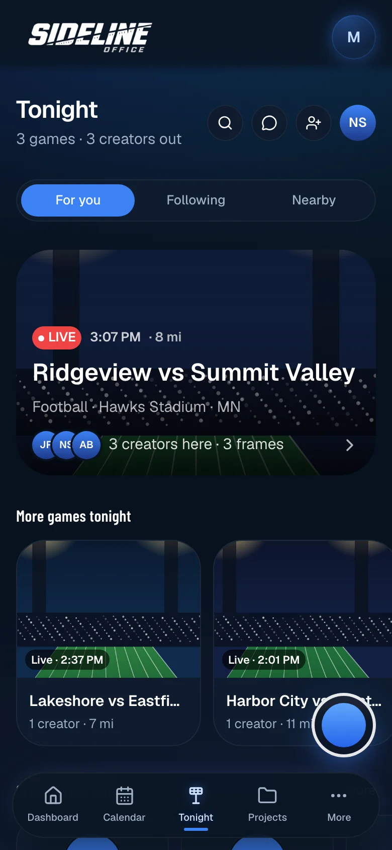 Live on a phone: the creators you follow along the top and three games with posts, each marked live with its sport, venue and state.