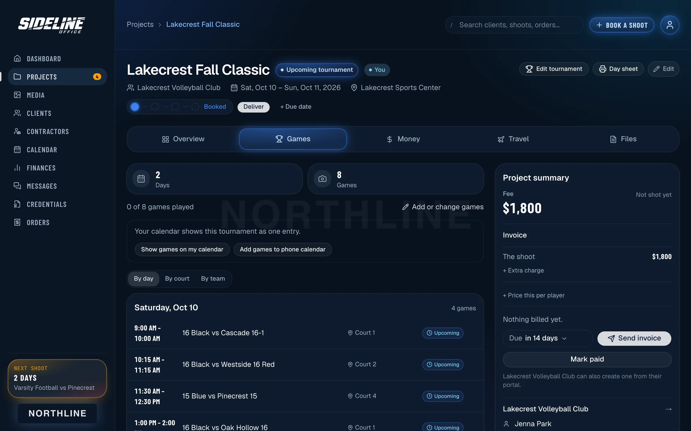 Tournament page for a two-day volleyball event with Overview, Games, Money, Travel and Files tabs and eight games listed by day and court.